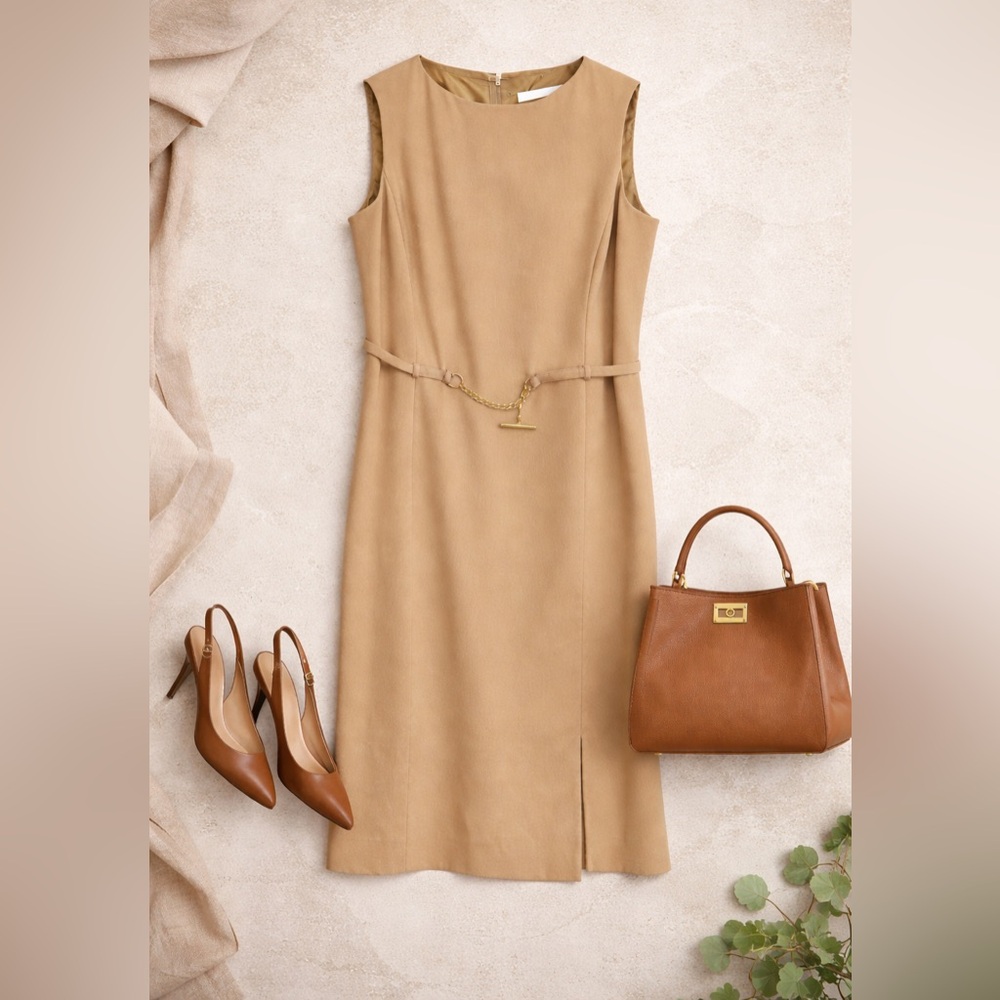 Oscar de la Renta Wool Chain Detail Sheath Dress in Warm Tan Sz 4 - Picture 5 of 15